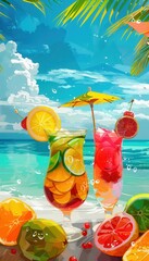 Aufkleber - Two colorful cocktails garnished with fruit and an umbrella sit on a beach with an ocean and palm tree in the background. Generative AI