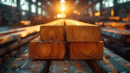 Wall Mural - Stack of square timber planks is laying in the workshop at sunset with sawdust in the foreground