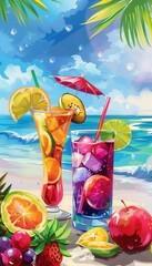 Aufkleber - Two glasses of colorful cocktails decorated with fruit slices and an umbrella are displayed on the beach in front of a vibrant ocean scene. Generative AI