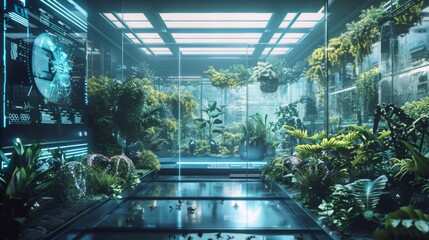 Poster - Indoor garden with blue lights and green plants. Room is filled with various plants, some in pots, others in ground. Walls lined with glass panels