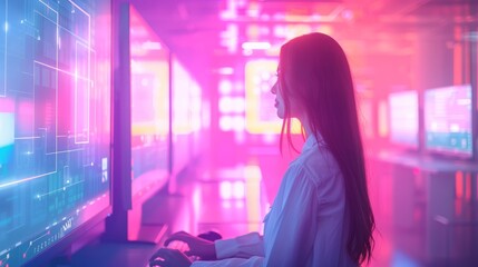 Poster - Woman working on computer in neon-lit futuristic office setting