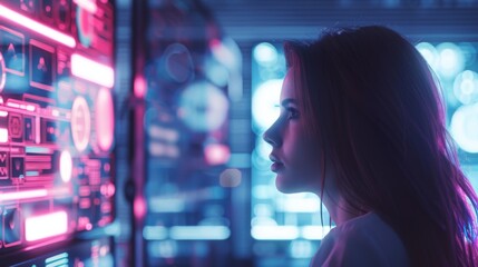Poster - Young woman immersed in futuristic data analysis with neon lights