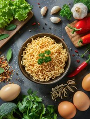 Aufkleber - A bowl of instant noodles sits on a dark countertop, surrounded by fresh herbs, vegetables, eggs, and spices. Generative AI