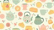 © Darya - Delicate teacups, colorful teapots, and assorted biscuits create a delightful tea time pattern in soft pastel hues and charming designs