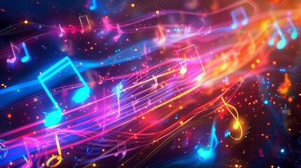 Abstract background with glowing musical notes and light trails in vibrant colors.