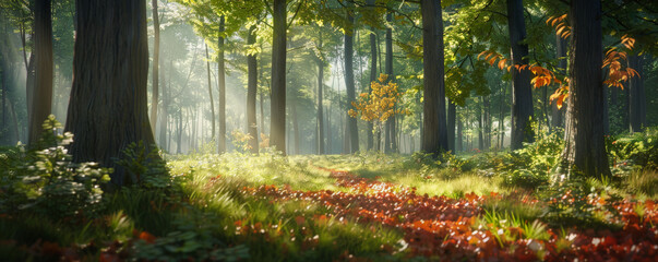 A peaceful forest background with tall trees, soft sunlight, and a carpet of fallen leaves, ideal for a tranquil and natural setting.