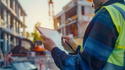 Engineer Reviewing Project Details on Site with Digital Tablet