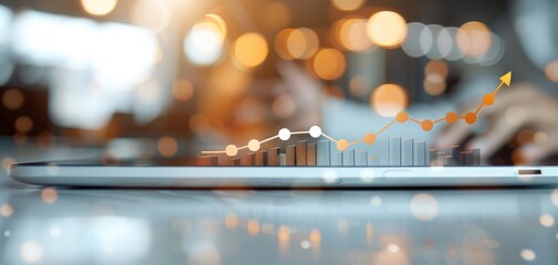 Leinwandbilder - Using tablets and laptops, business people analyze financial data, with growth graphs and rising arrows displayed on a virtual screen, set against a background of hologram technology.
