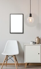 Aufkleber - Interior design of a modern living room with minimalist elements like a white cabinet, chair, and lamp near a blank poster frame on the wall, reminiscent of minimalist designers' style.