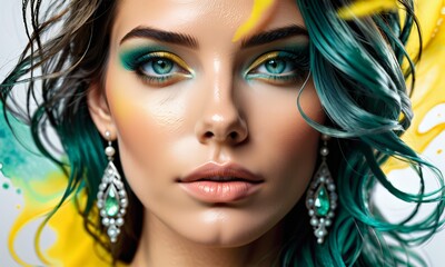 Wall Mural - close-up of a woman's face with striking blue eyes and green hair.