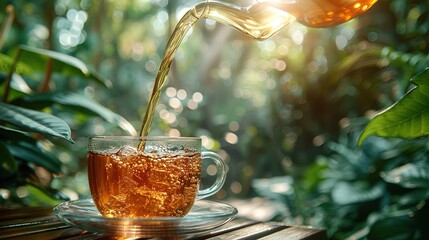 Wall Mural - Glass cup of tea on wooden table and blurred nature background