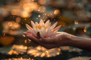 A Hand Holding a Water Lily Flower in a Glowing Atmosphere