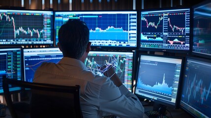 Leinwandbilder - Financial Trader Analyzing Market Data with Multiple Digital Screens
