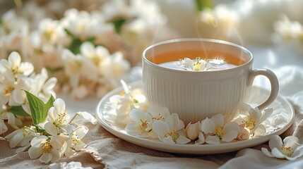 A Cup of green tea and white Jasmine flowers.Jasmine flowers in vase and two glass cups of green tea