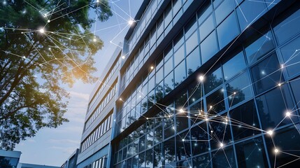 Aufkleber - Futuristic Office Building Exterior with Digital Mesh Connectivity
