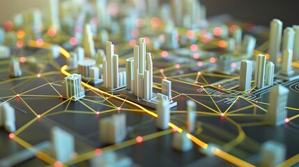 Leinwandbilder - Futuristic Smart City Model with Mesh Lines Highlighting Infrastructure Connectivity