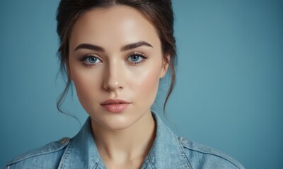 Wall Mural - close-up of a woman's face, with a blue background.