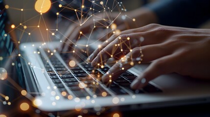 Aufkleber - Hands Typing on Laptop with Digital Mesh Representing Data Flow