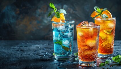 Canvas Print - three kinds of colorful summer cocktails in glasses 