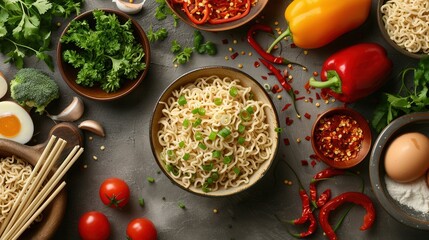 Aufkleber - A bowl of cooked instant noodles sits on a kitchen table surrounded by fresh ingredients like herbs, vegetables, peppers, and eggs. Generative AI
