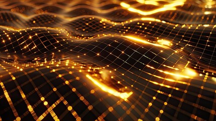 Poster - Shimmering 3D golden grid with intersecting lines and a bright, reflective finish