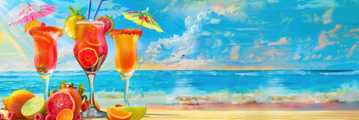 Aufkleber - Three glasses of colorful cocktails garnished with fruit and umbrellas sit on a sandy beach with ocean waves crashing in the background. Generative AI