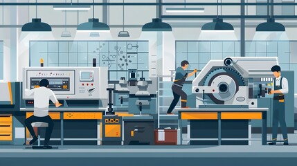 Aufkleber - Mechanical Engineers Expertly Working on Industrial Equipment and Machines in a Modern Workshop