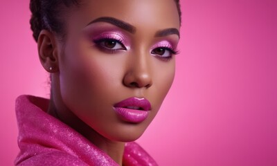 Wall Mural - close-up of a woman's face with pink makeup and a pink background.