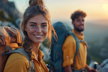 Wall Mural - Caucasian couple hiking and wearing backpacks standing on mountain peak at sunset.