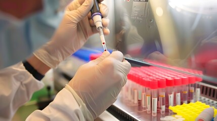 Poster - Scientist Carefully Transferring Stem Cells Using Pipette in Laboratory Workspace