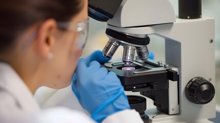 Poster - Scientist Examining Biological Samples Under Microscope in Laboratory