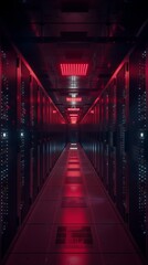 Poster - A dimly lit data center, endless rows of server racks stretching into the darkness, illuminated by status LEDs
