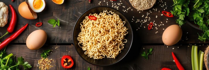 Aufkleber - A bowl of cooked instant noodles sits on a rustic wooden table surrounded by fresh ingredients including eggs, peppers, herbs, and vegetables. Generative AI