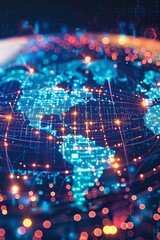 Poster - A pixelated world map with chunky continents, glowing nodes representing major data hubs, pulsating beams of light as network traffic