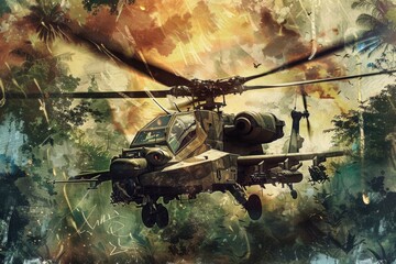 Sticker - A vintage-style poster featuring an Attack Helicopters AH-64 Apache in a jungle