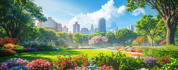 Wall Mural - A vibrant city park background with lush greenery, colorful flowers, and a bright blue sky, creating a cheerful and lively scene.