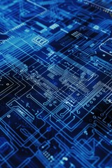 Poster - Blueprint close-up of a server blade, emphasizing individual processors, memory modules, and intricate circuit board traces