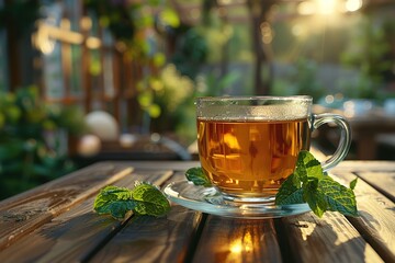 Wall Mural - Glass cup of tea on wooden table and blurred nature background