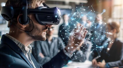 Aufkleber - Virtual Reality Business Meeting with Mesh Lines Indicating Interactions