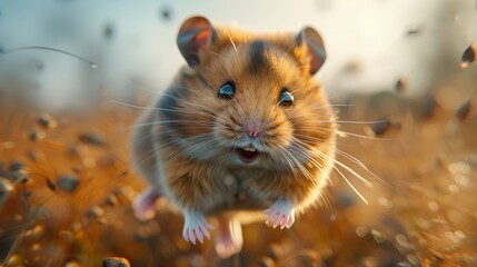 Cute hamster is flying through the air with its mouth open, enjoying a moment of pure joy and excitement