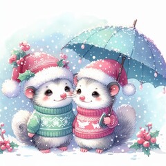 Two adorable hamsters in Santa hats and sweaters share an umbrella in a snowy winter scene.