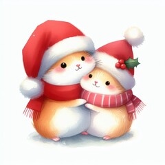 Two adorable hamsters wearing Santa hats and scarves, hugging each other. Perfect for Christmas cards, winter holiday designs, and more.