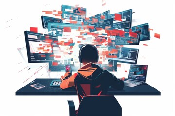Fototapete - A person using a computer with numerous blocks and restrictions on the screen