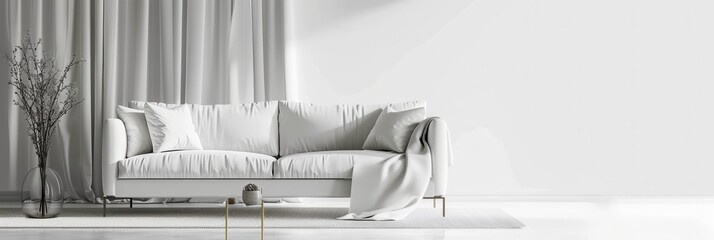 Poster - A white sofa with pillows and a throw blanket is in a minimalist living room with sheer curtains. Generative AI