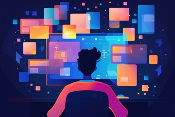 Fototapete - A person using a computer with numerous blocks and restrictions on the screen