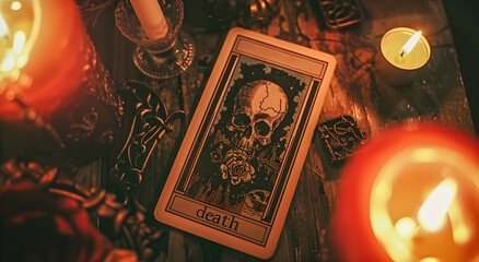 Gothic Tarot card, death card lying on a table with candles, top view.