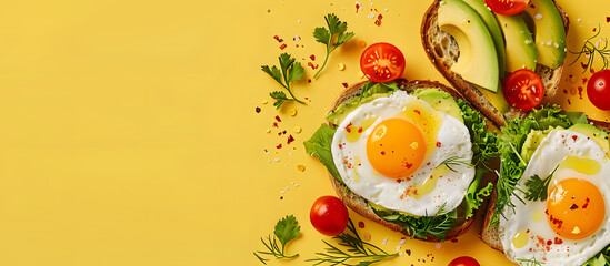 Wall Mural - Top view of a vegetarian breakfast recipe: fried eggs with cherry tomatoes, greenery, and avocado toast on a yellow background with copy space image.