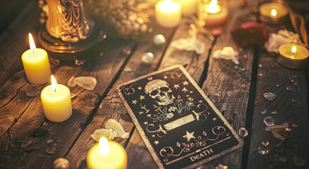 Gothic Tarot card, death card lying on a table with candles, top view.