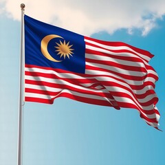 Flag of Malaysia featuring red and white stripes, blue rectangle, yellow crescent, and star.