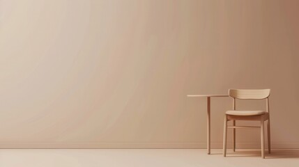 Poster - A wooden chair and table sit in front of a beige wall, with natural light illuminating the scene. Generative AI